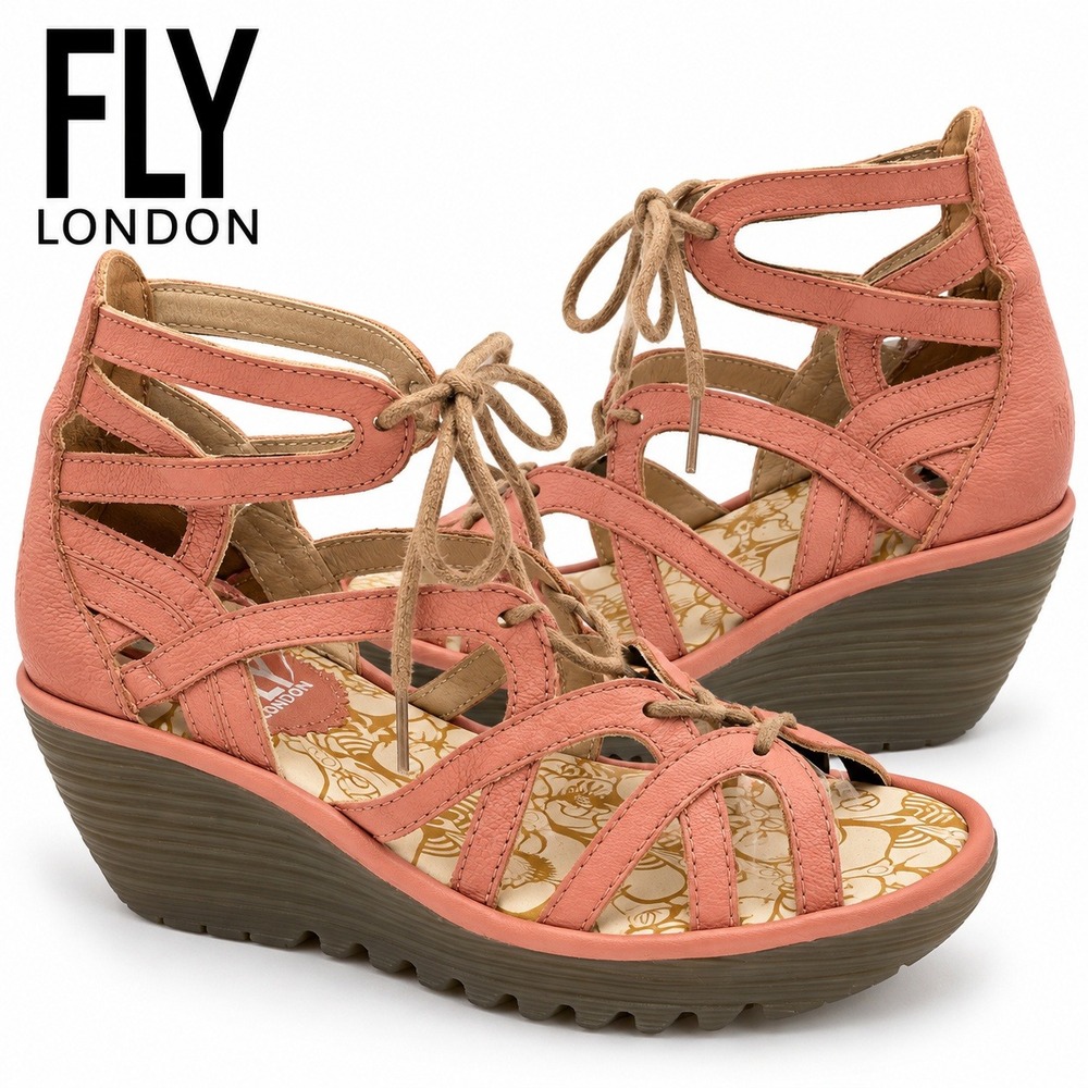 Fly London Yome Pink Leather Lace Up Wedge Sandals Womens 37 6.5-7 US